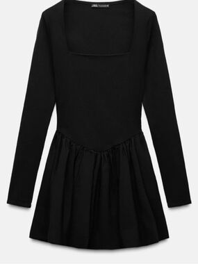 Zara Black Square-Neck Long-Sleeve Kids Dress